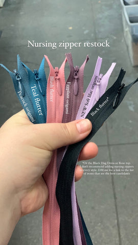 different colored zippers labeled with which dress they match to for nursing alteration