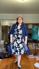 denim dress worn over floral dress