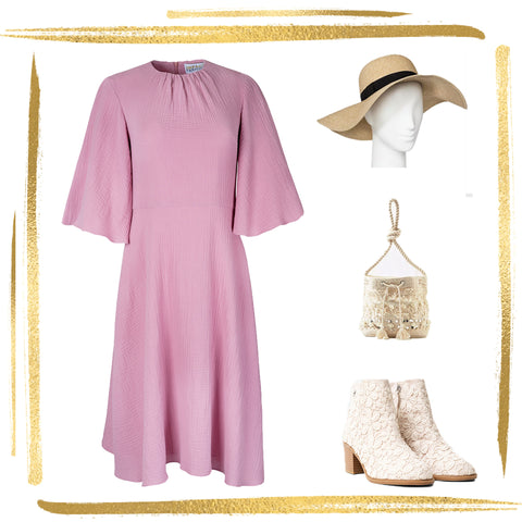Photo collage of a blush colored flare dress with flutter sleeves and a gathered neckline with a floppy raffia sunhat, a beige beaded bucket bag, and white lace booties with a wooden block heel