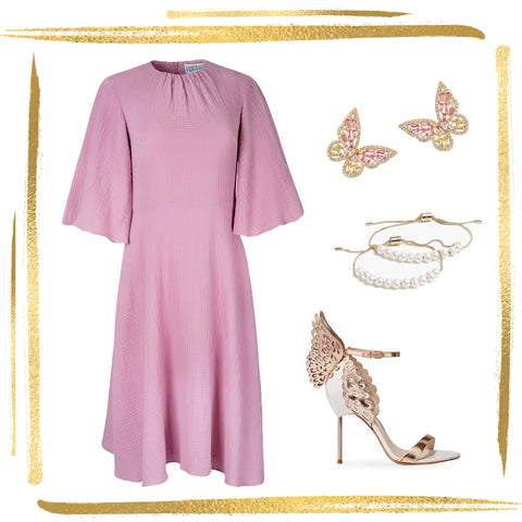 Photo collage of a blush colored flare dress with gathered neckline and flutter sleeves. Shown with butterfly stud earrings, pearl and gold bracelets, and high heeled sandals with an ankle strap and butterfly accent on the back of the heel.