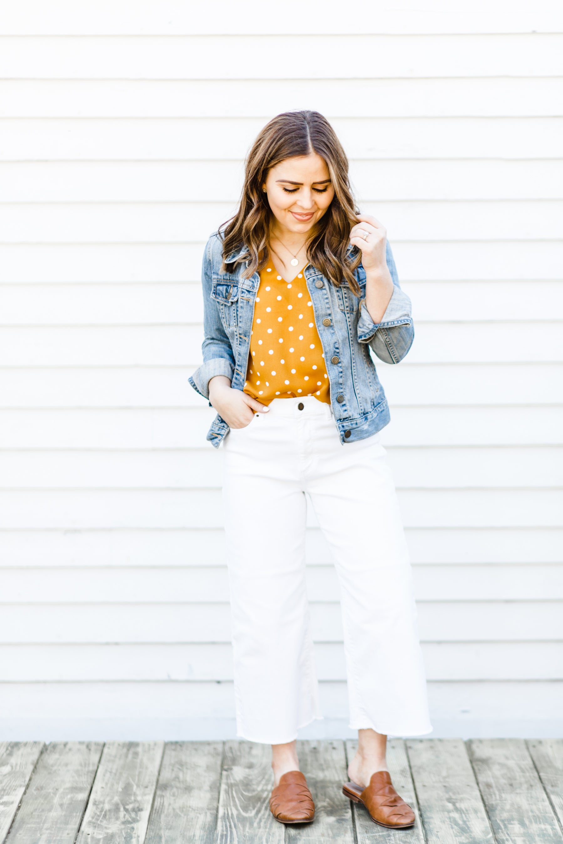 mustard and white polka dot dress