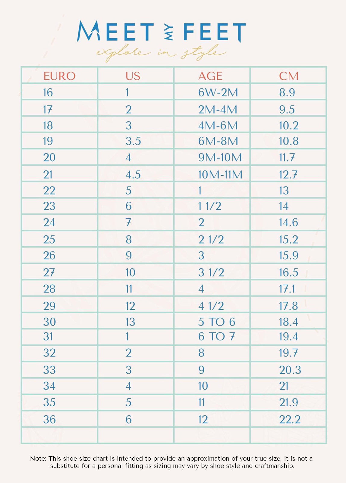 footwear size chart kids