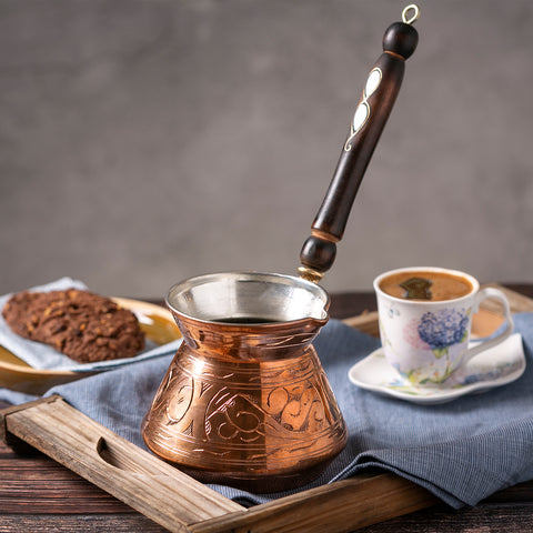 Copper Turkish Coffee Maker with Wooden Handle, Creamer, and a Cup