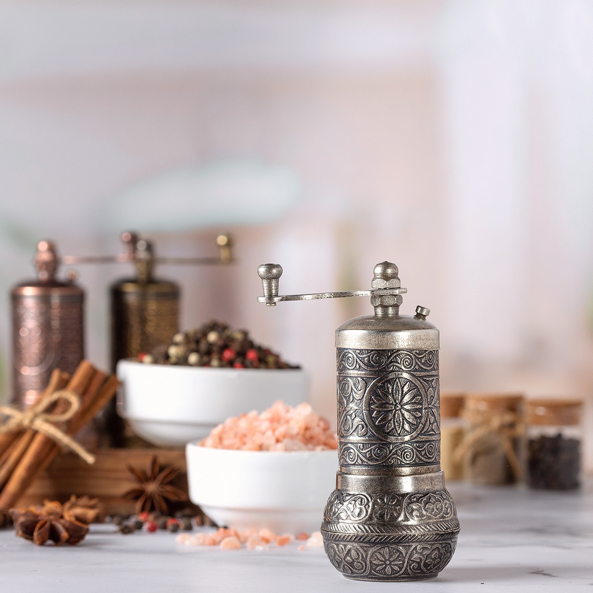 Crystalia Black Pepper and Spice Grinder, Manual Pepper Mill with Handle - Bright Silver