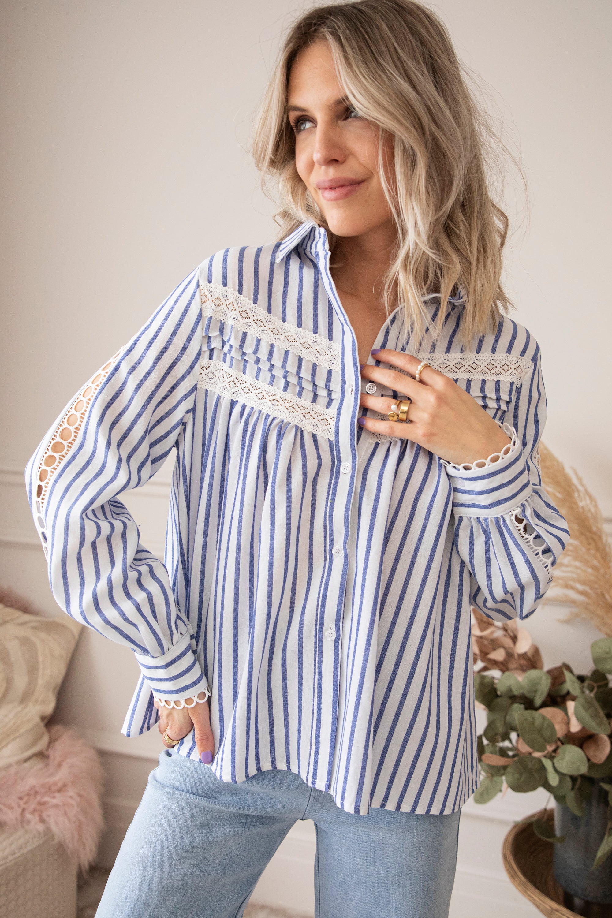 Stripes & Lace Royal Blue - Blouse - ellemilla