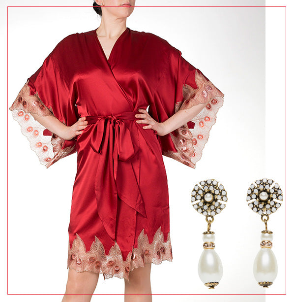 silk robe from harlow and fox with miriam haskell pearl drop earrings