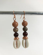 Load image into Gallery viewer, Afrocentric Gemstone &amp; Wire Wrap Cowrie Earrings
