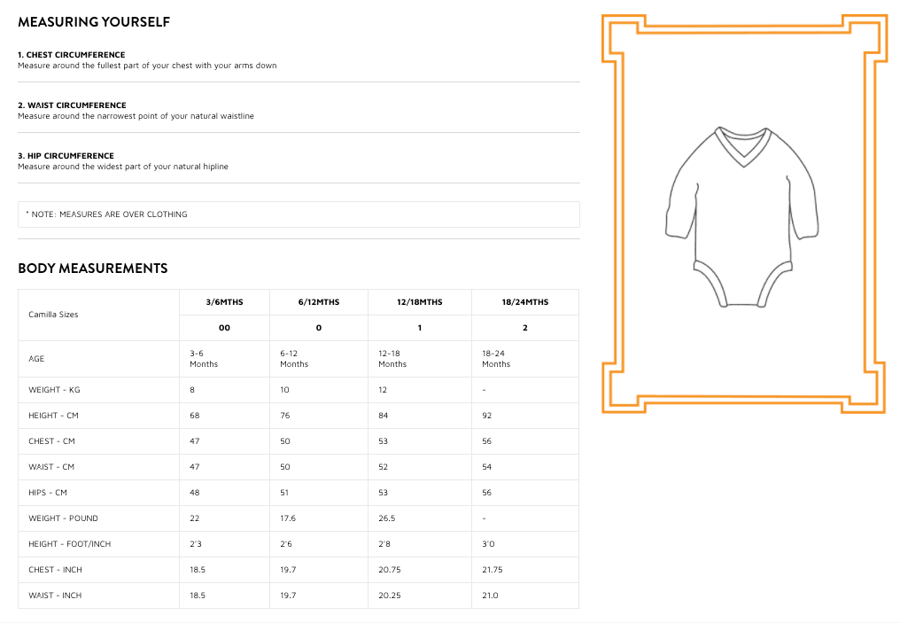 Camilla Babies Sizing Chart