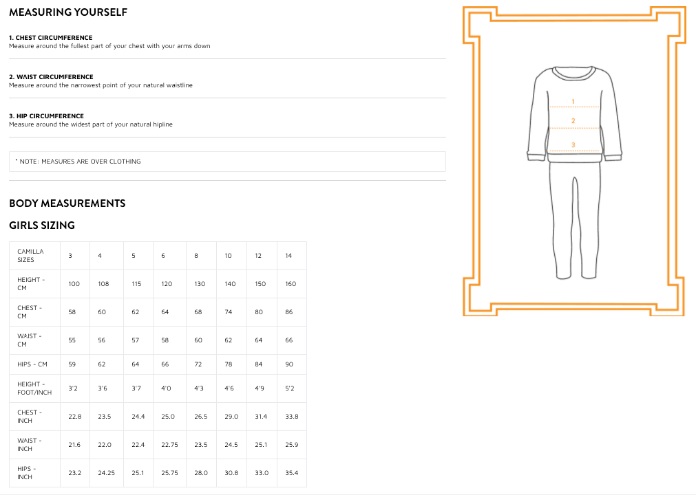 Camilla Kids Size Guide