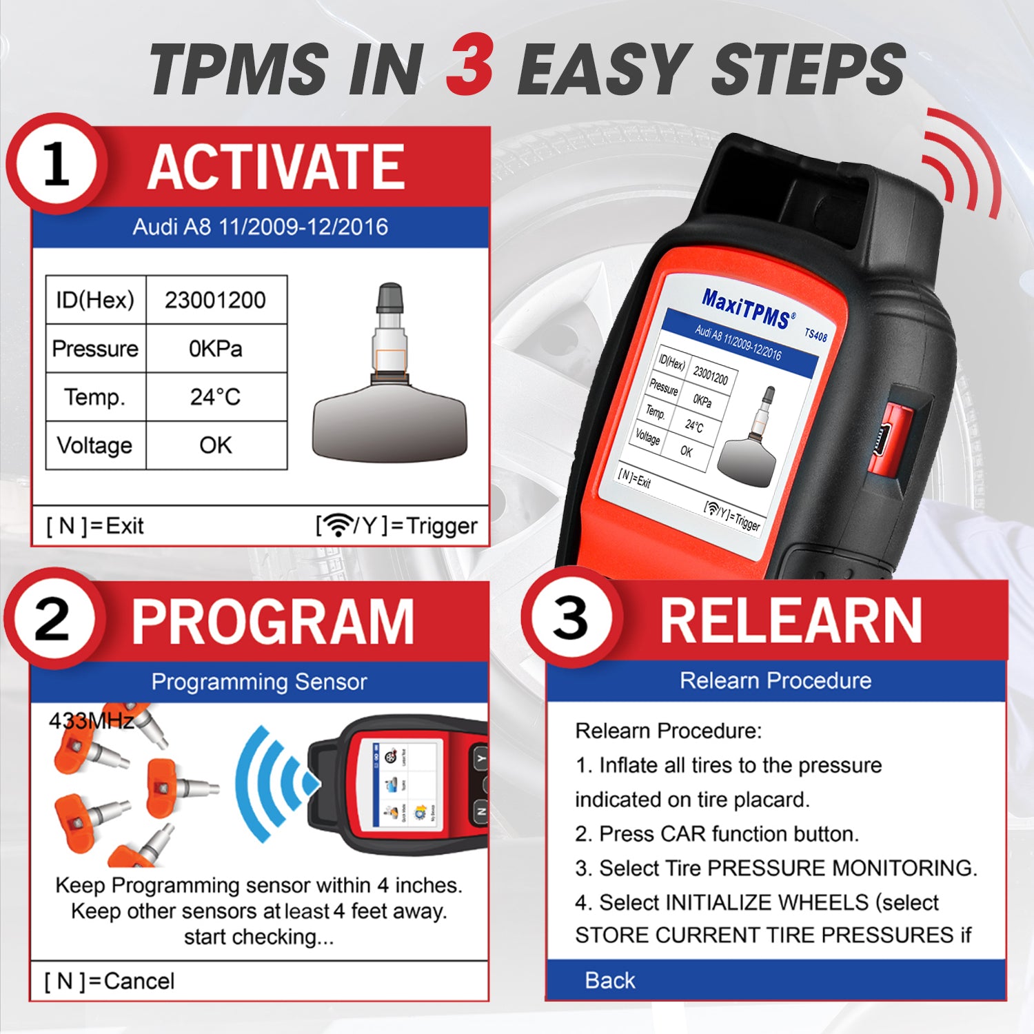 Autel MaxiTPMS TS408 TPMS Service Tool Tire Pressure Monitor Sensor Programming, Relearn and Rest Tool