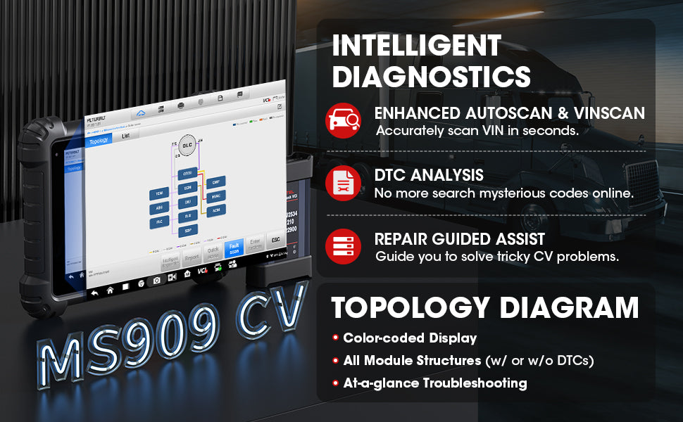 AUTEL MAXISYS MS909CV-- INTELLIGENT DIAGNOSTICS ON ALL-SYSTEMS & TOPOLOGY DIAGRAM