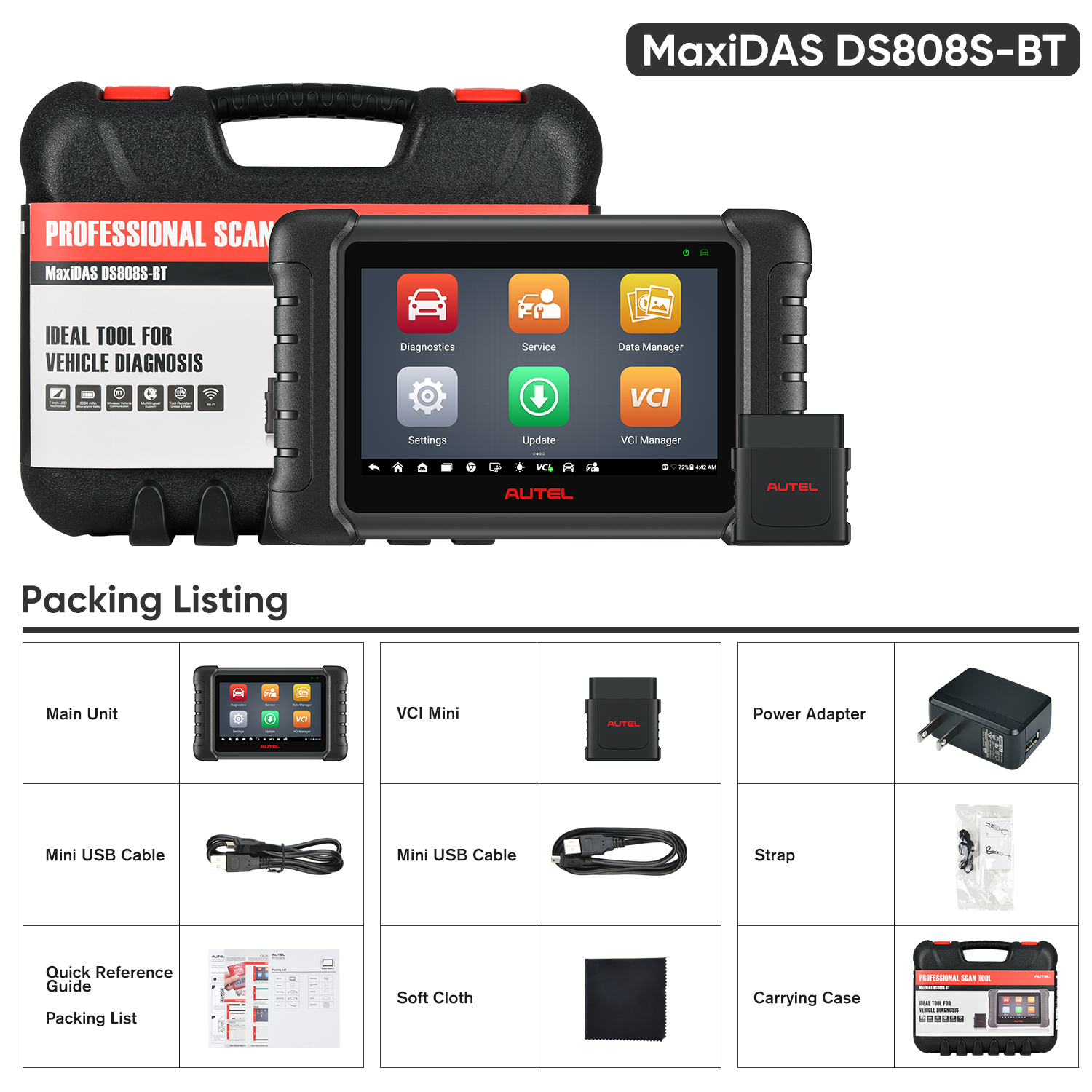 Autel DS808S-BT Scanner Tool Packing Listing