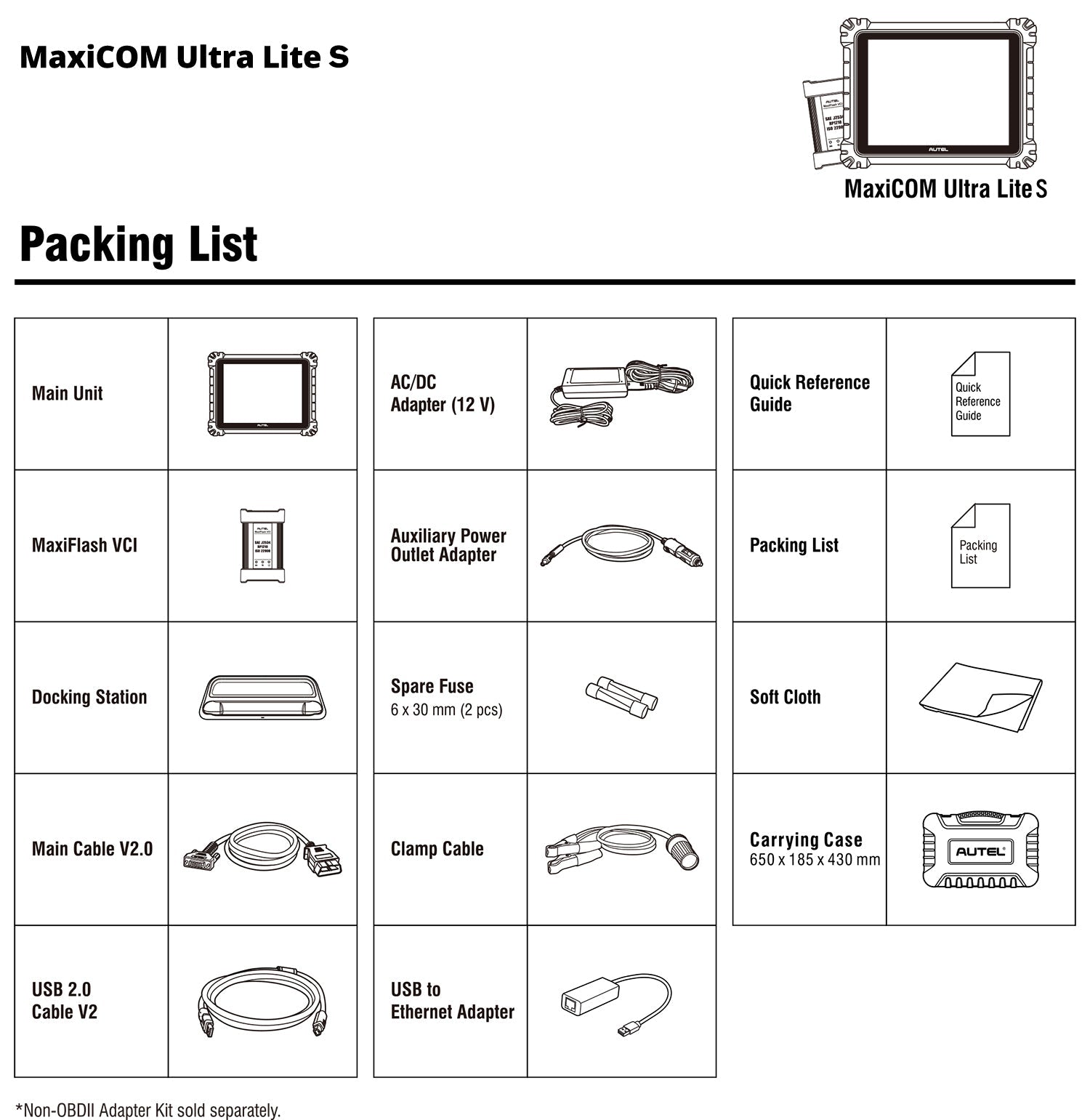 Autel MaxiCOM Ultra Lite S Intellgent Diagnostic Scanner Full Package List