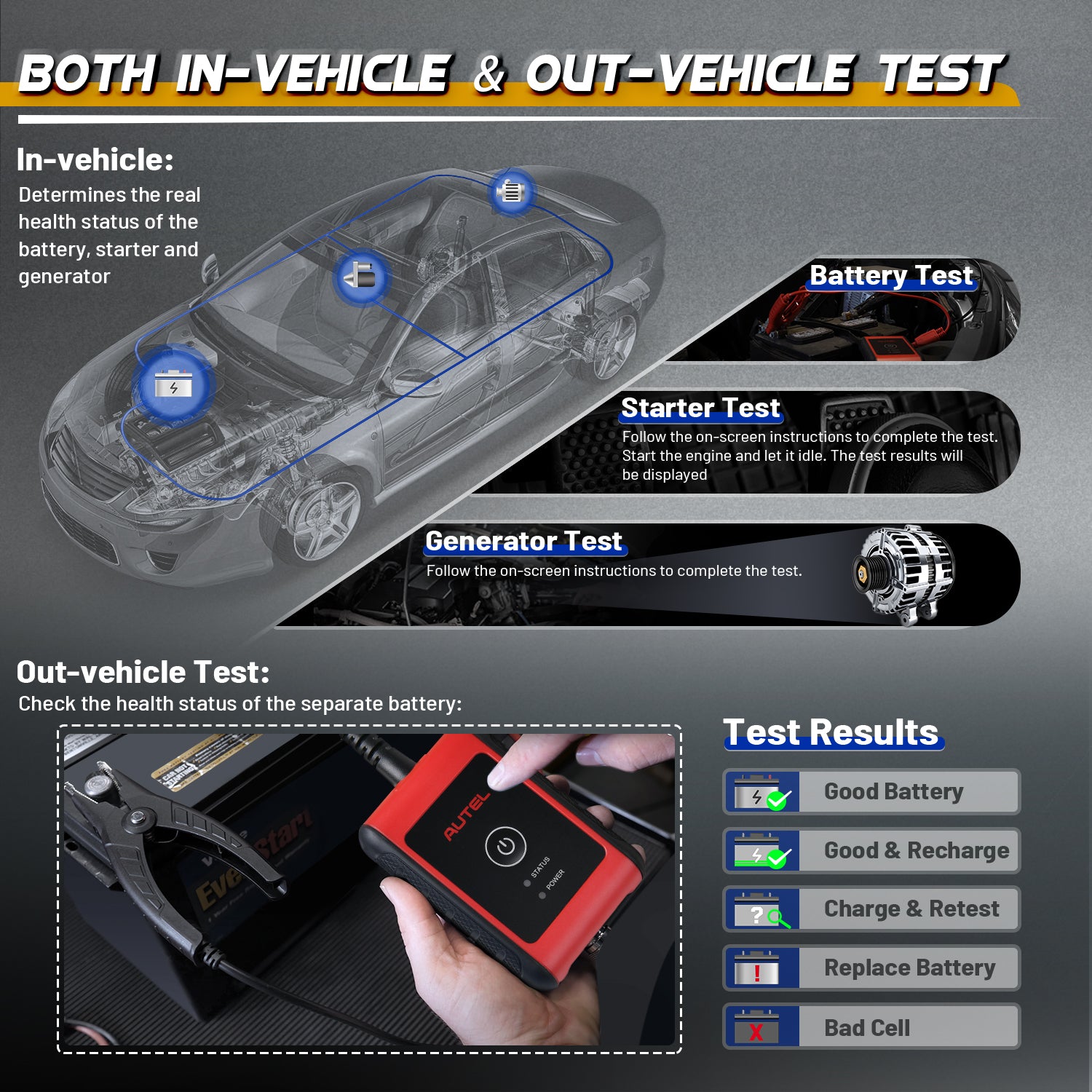 Autel MaxiBAS BT508 Car Battery Tester support both in-vehicle and out-of vehicle test
