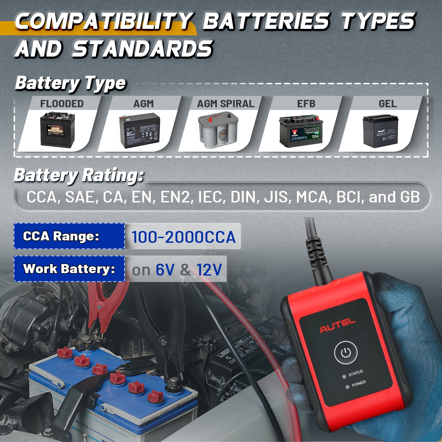 Autel Battery Tester MaxiBAS BT508 Car Battery Load Tester support 6V and 12V, 100 -2000 CCA, Flooded, AGM, AGM Spiral, EFB and GEL batteries, and is compatible with major battery test standards CCA, CA, SAE, EN, IEC, DIN, JIS, and MCA