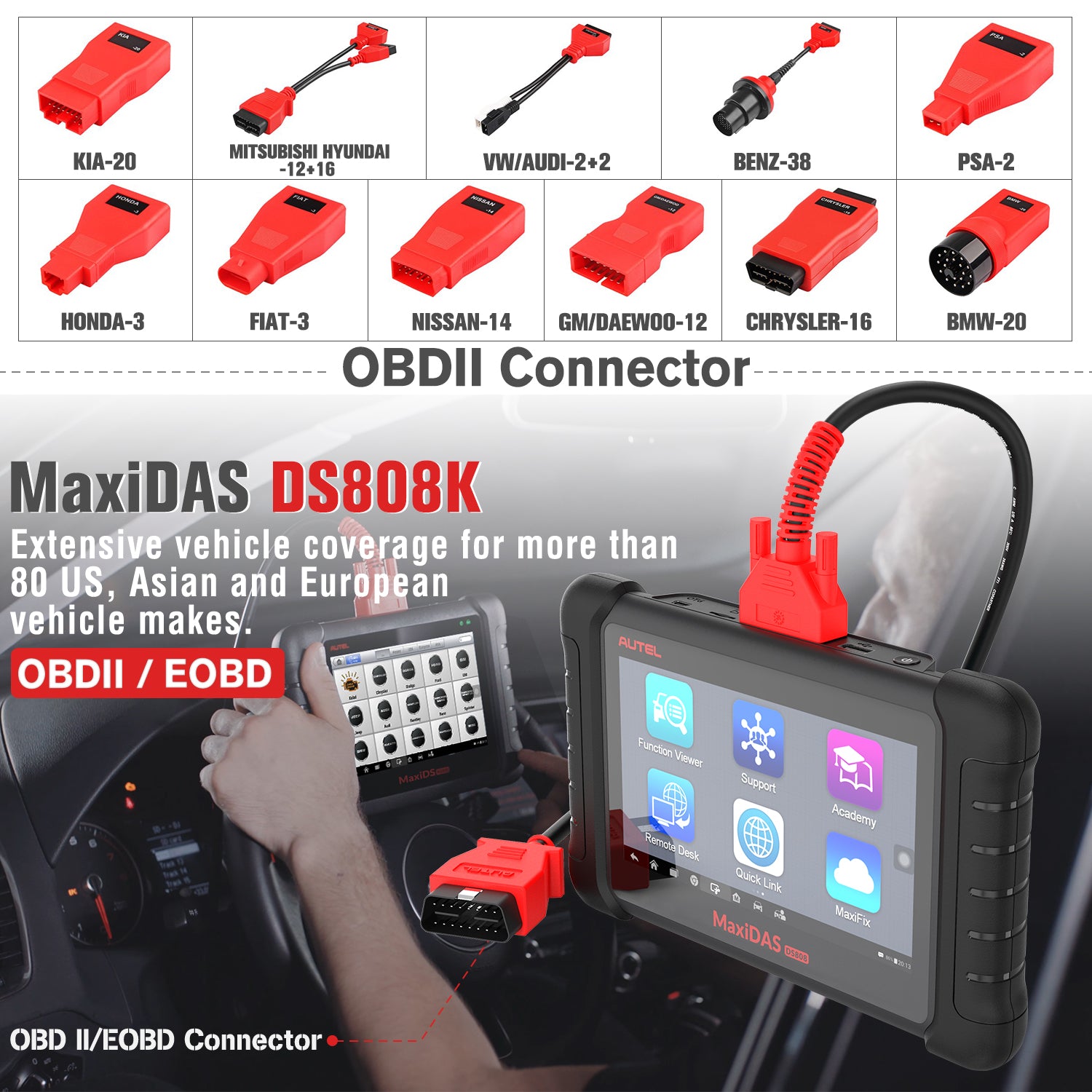 Autel DS808k car diagnostic scanner extensive vehicle coverage with full set 11 Non-Standard OBD Adapters