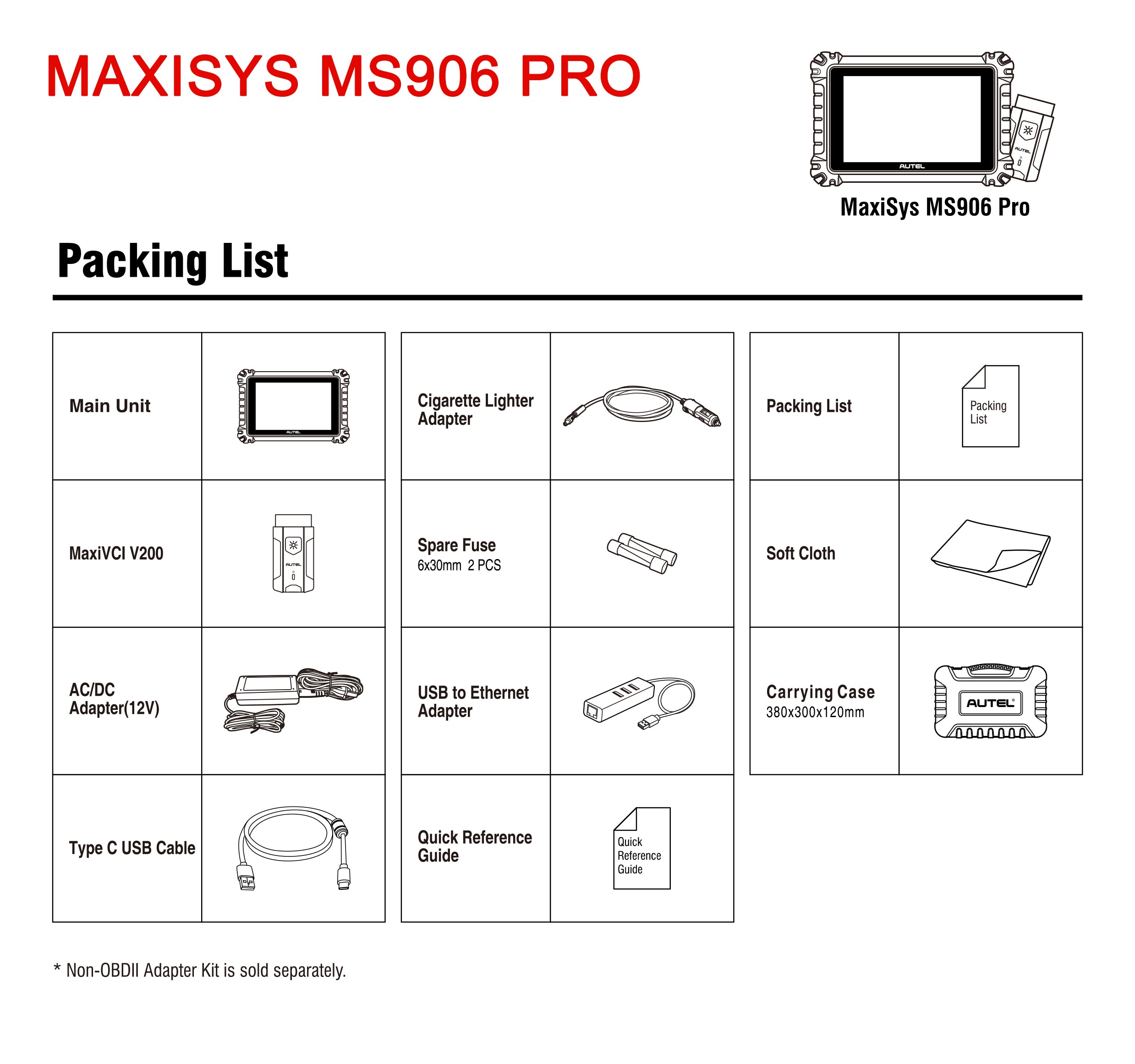 Autel Scanner Maxisys MS906 Pro Car Diagnostic Scan Tool Package List