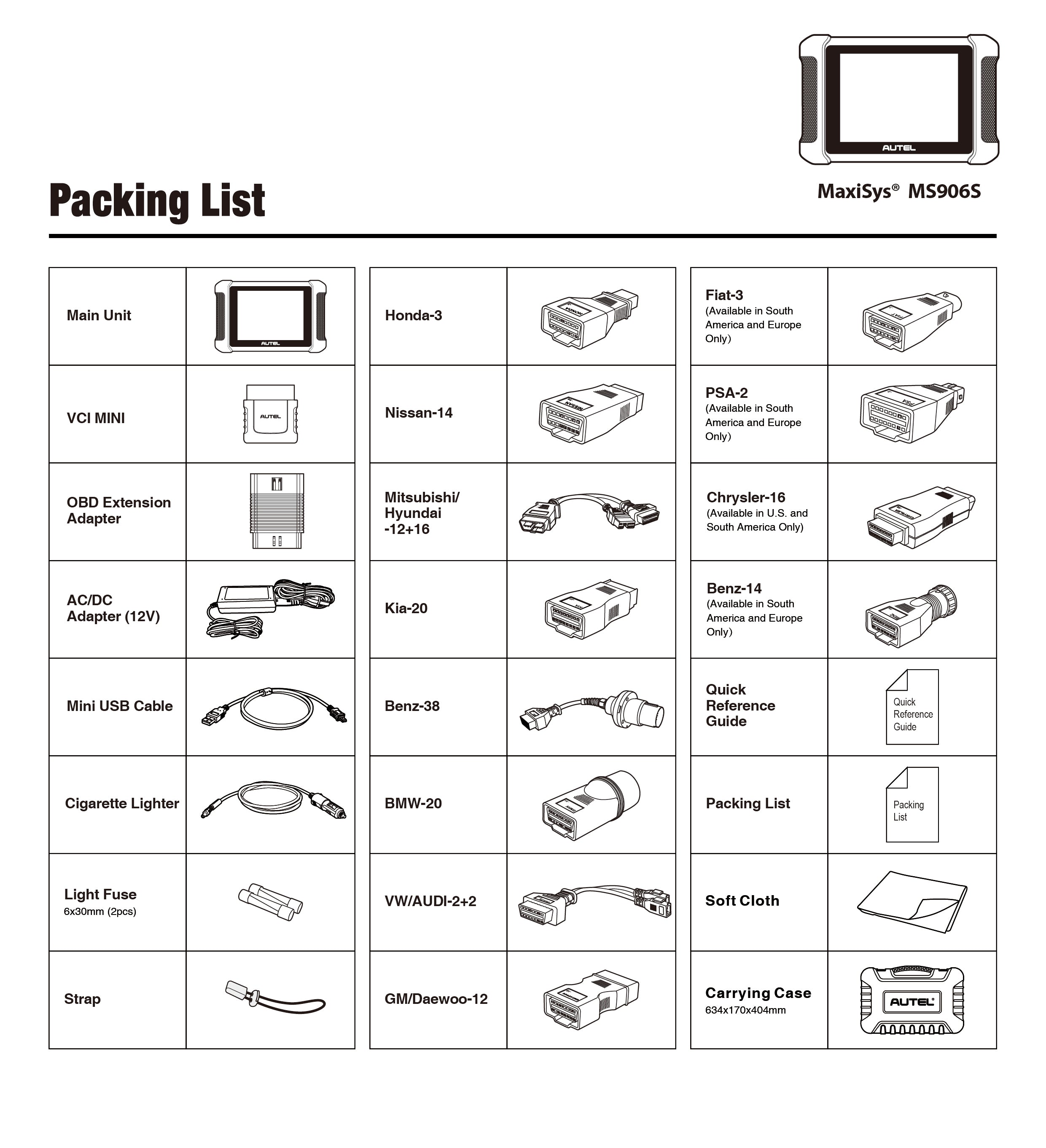 Autel Scanner Maxisys MS906S Automotive Diagnostic Scan Tool Package List