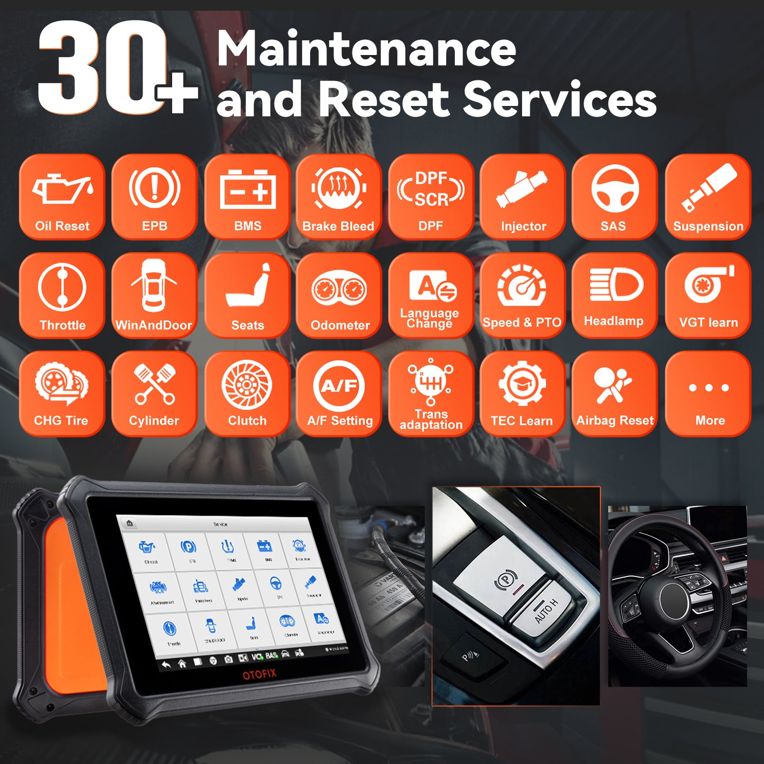 OTOFIX D1 diagnostic tool provide various scheduled services including Oil Reset, EPB Reset, TPMS Reset, BMS Reset, ABS Bleeding, DPF Regeneration, Injector Coding, SAS Reset, Throttle Matching, Windows Calibration, etc more than 30 maintenance service