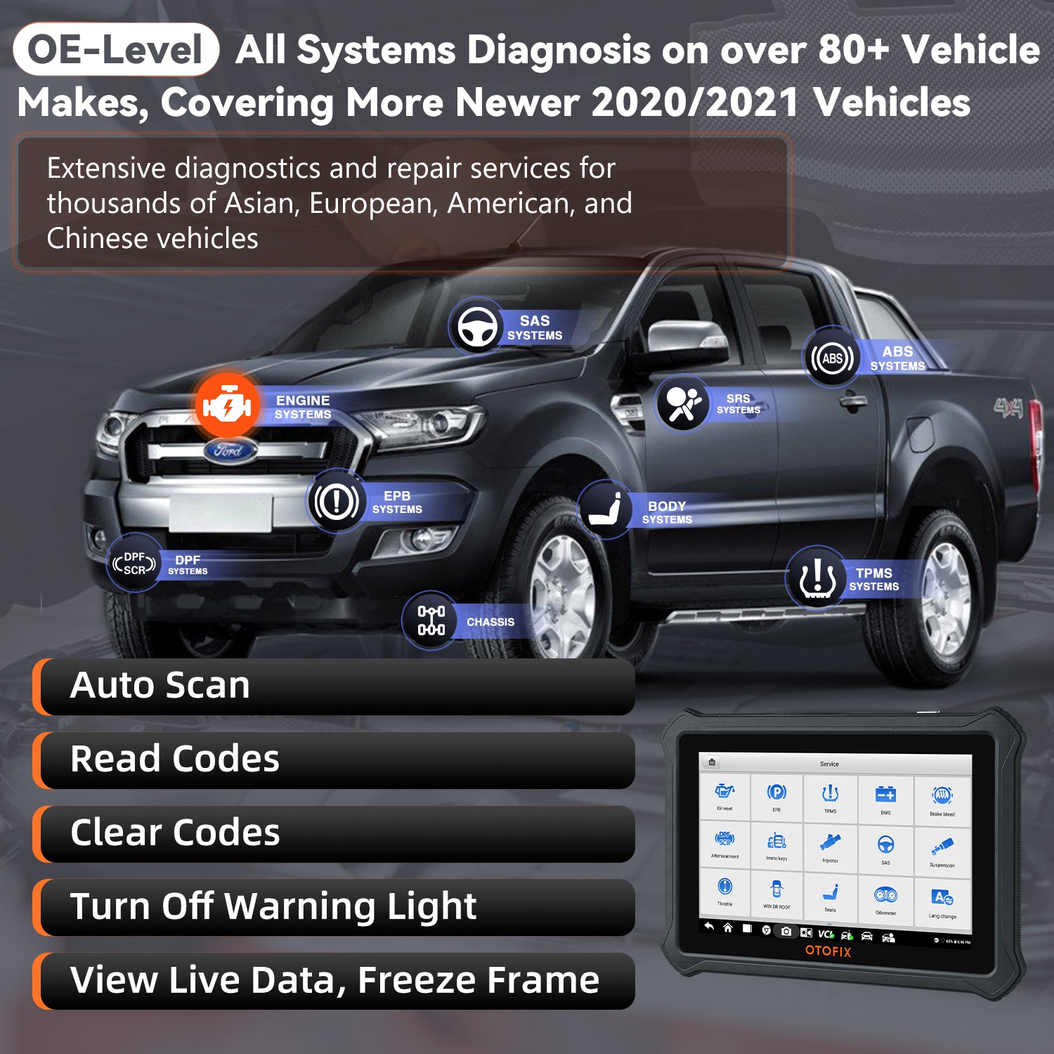 OTOFIX D1 Car diagnostic scan tool offers OE-Level All system diagnostics on over 80+ vehicles and models, including auto scan, read/ clearn DTCs, view date, etc