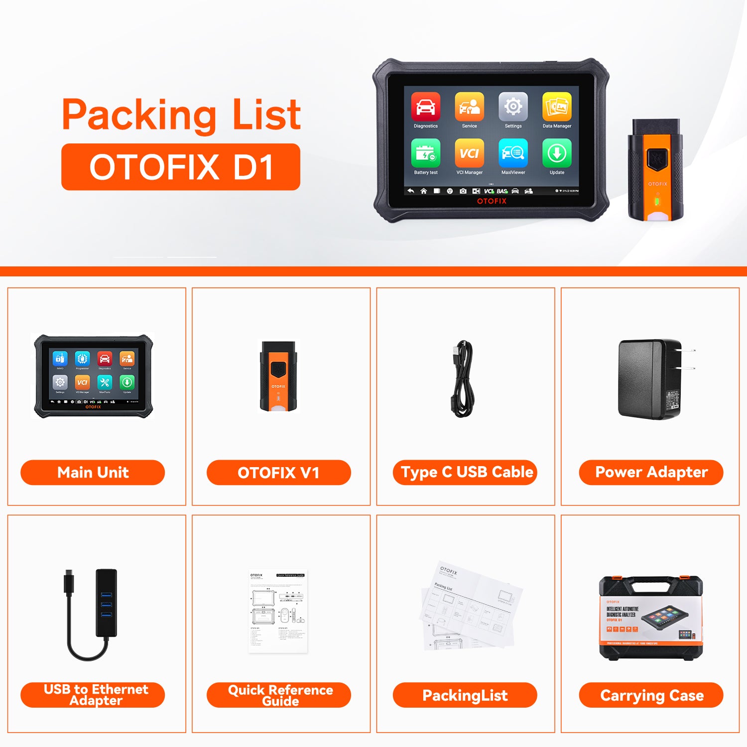 OTOFIX D1 diagnostic tool package list includes Main Unit–OTOFIX D1, OTOFIX V1 (VCI), Type-C USB Cable, Power Adapter, USB to Ethernet Adapter, Quick Reference Guide, Carrying Case