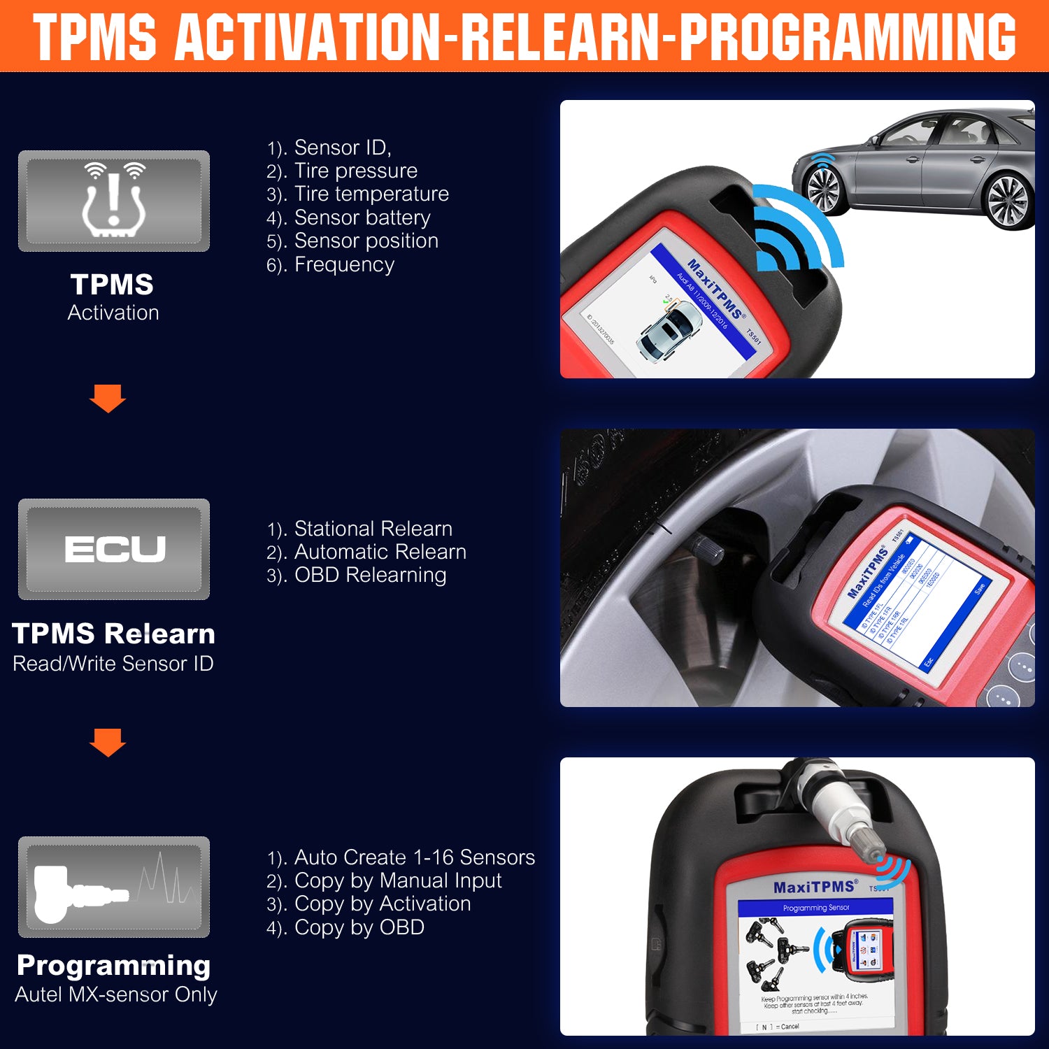 Autel MaxiTPMS TS501 TPMS Tool with TPMS Diagnostics, Sensor Activate, Sensor Programming, and Sensor Relearn 4 functions