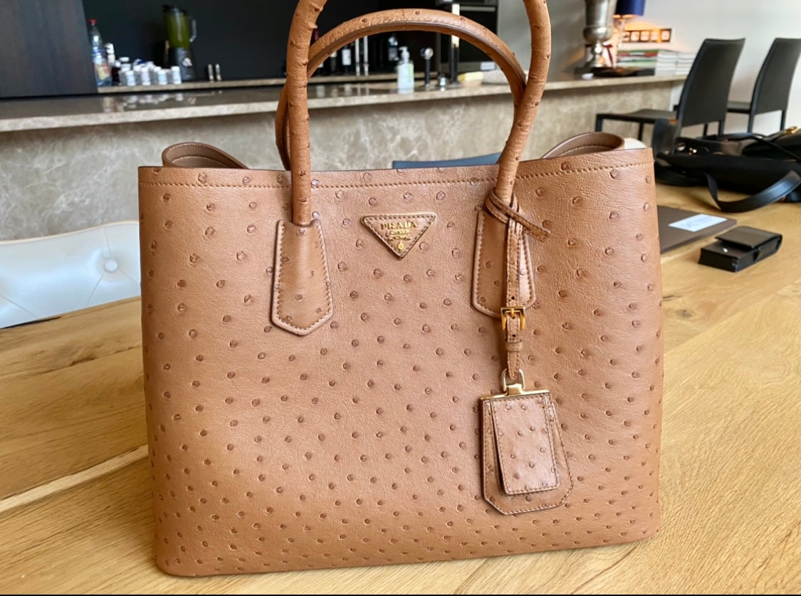 Prada Double Tote Bag in Ostrich Leather | Lou's Closet