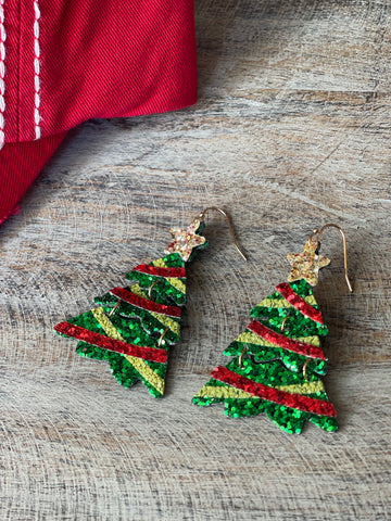Green sparkly christmas tree earrings