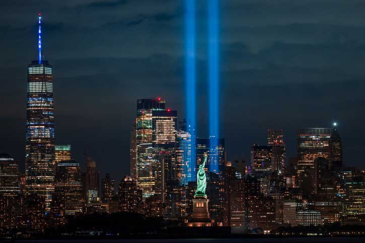 Ground Zero with lights where Twin Towers used to be