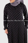 White Polka Dots Print Black Modest Long Dress Closer View