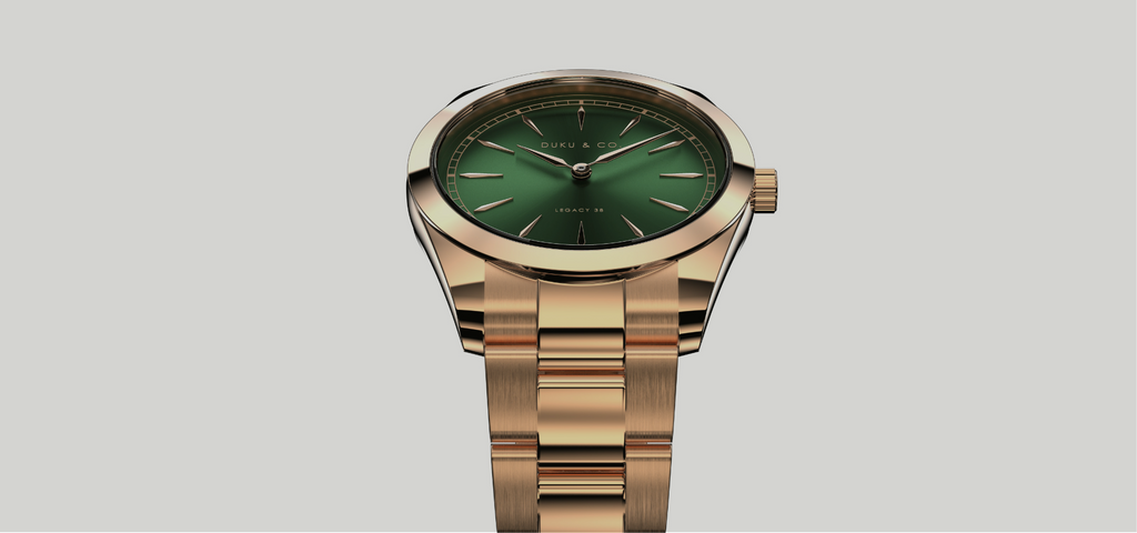 Rose gold and green watch from Duku & Co. 