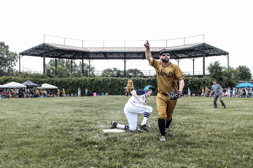 Ben Jenkins of the Warstic Woodmen celebrating getting an out