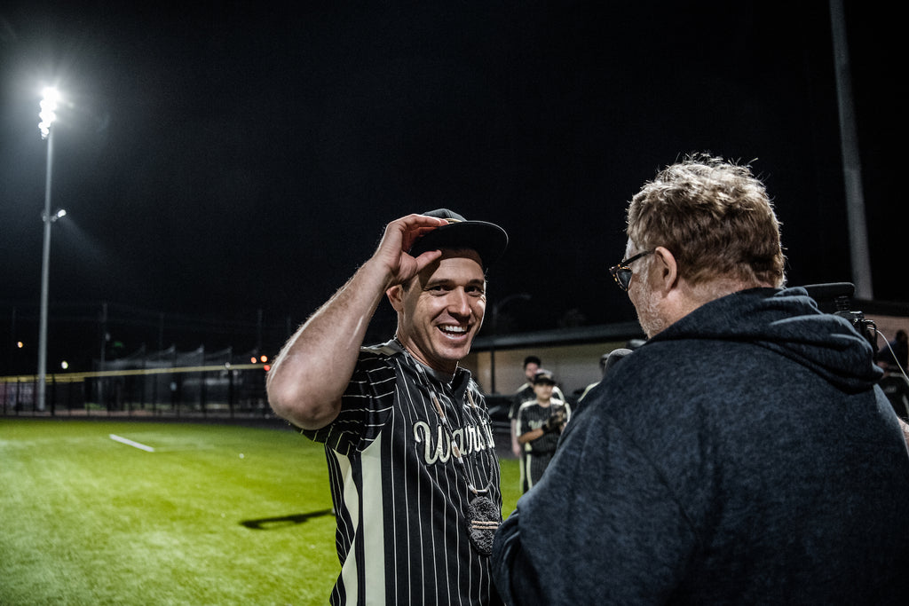 Jon "Boog" Sciambi interviewing Warstic co-owner Ian Kinsler after his Gold Hawks tough sandlot loss.