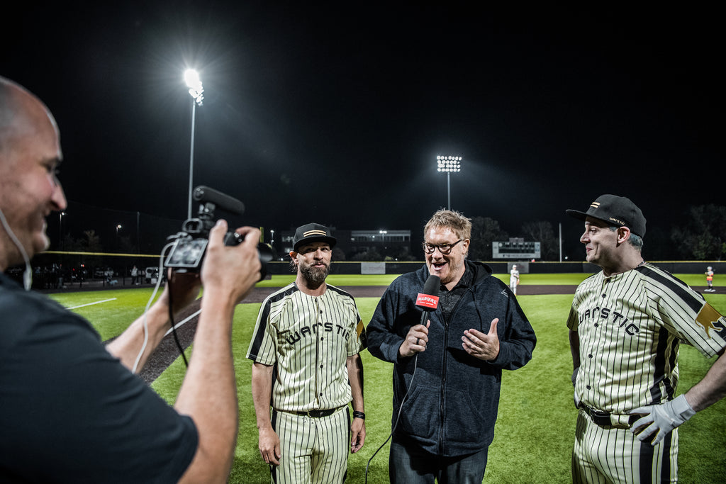 Jon "Boog" Sciambi doing the post-Sandlot wrap-up interview with Warstic owners Ben Jenkins and Jack White