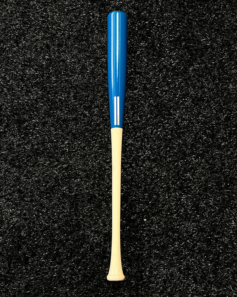 The front of bat #1, natural handle with royal blue half-dip barrel, white warstripe decal and space for a custom engraving.