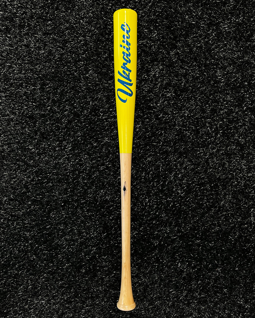 View of the back of the Sun/Royal "Ukraine" Bat, with a yellow half dip barrel and "Ukraine" painted in royal blue script.