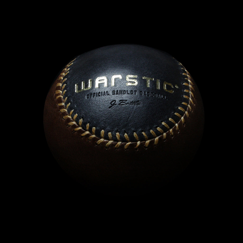 View of the "Warstic" embossed in gold on the Warstic Official #3 Sandlot Baseball