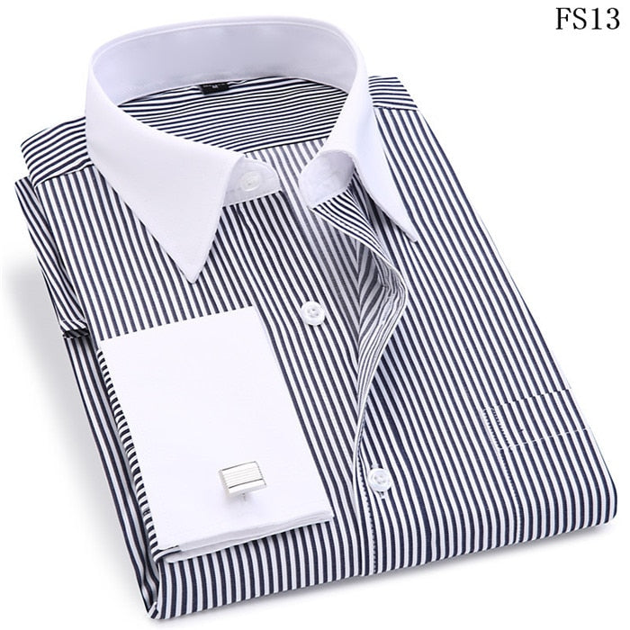 white collar striped dress shirt