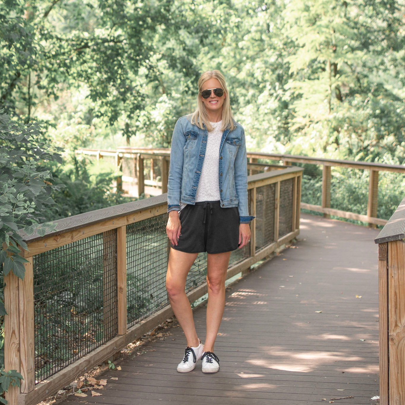 Tall lounge shorts with crewneck tee and tall denim jacket- Amalli Talli