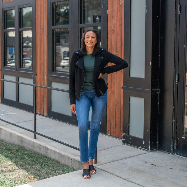 Hunter green tall ribbed long sleeve with tall knit moto jacket and dark wash jeans for tall girls- Amalli Talli