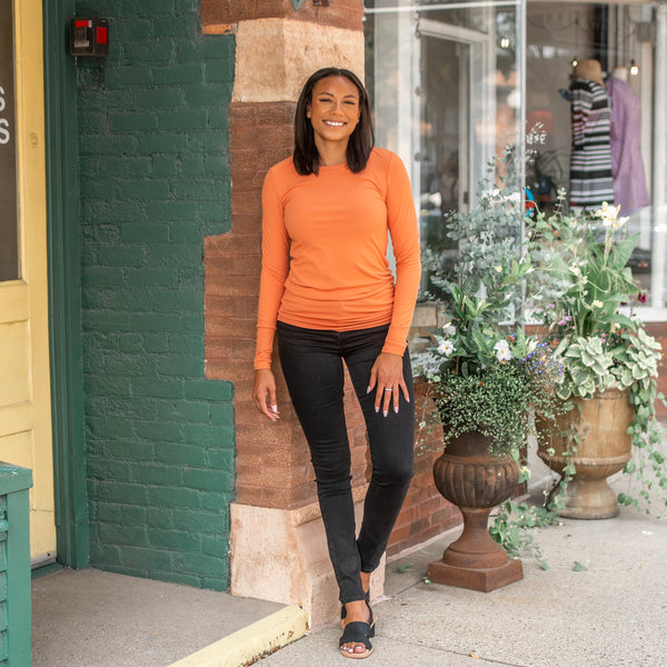 Burnt orange tall ribbed long sleeve with black button fly jeans for tall girls- Amalli Talli