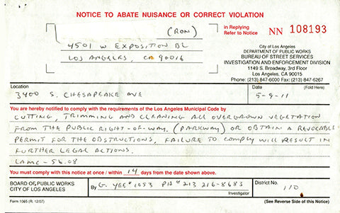 Citation from Los Angeles Department of Public Works, 2011.
