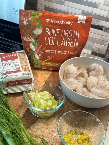 Ingredients needed to make one-pot Shrimp Orzo Bone Broth Collagen