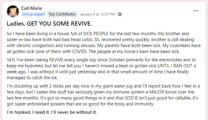 A Vitauthority FB Community member testimonial on Revive Hydration Mix's powerful immunity boosting benefits