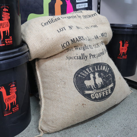 Three Llamas Coffee sack in the roastery
