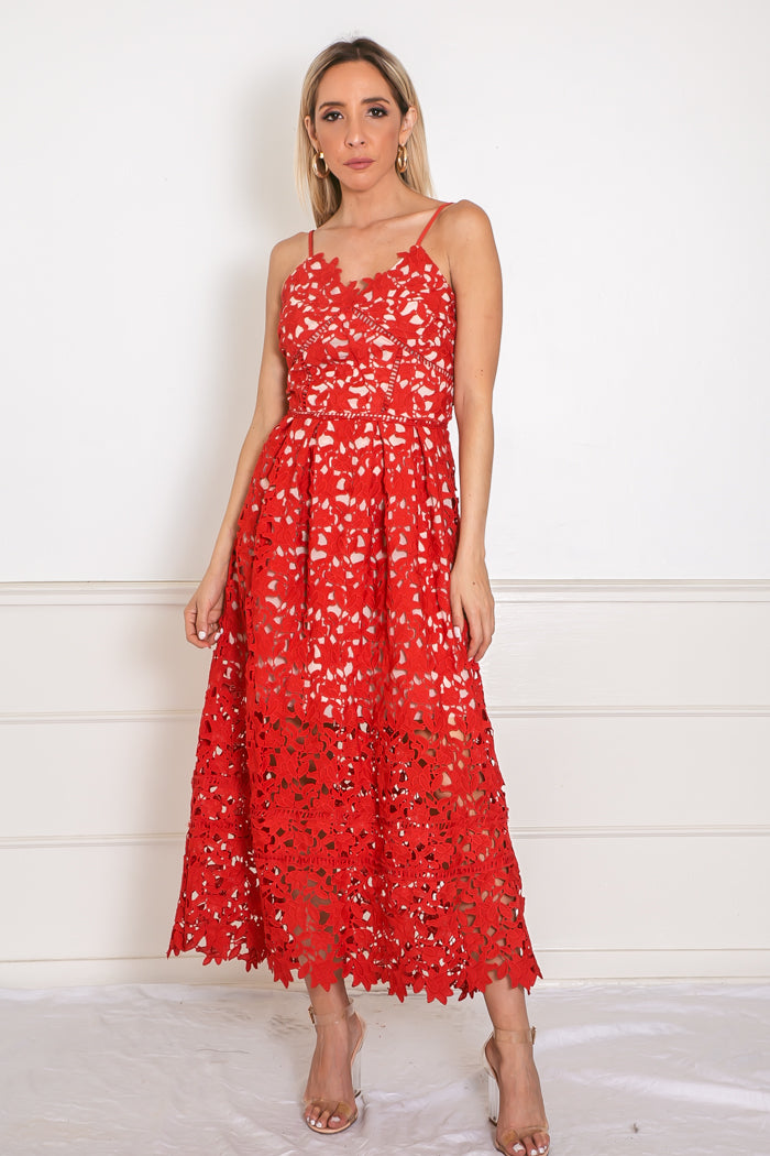 Lace Fit-and-Flare Midi Dress - Red – Haute & Rebellious