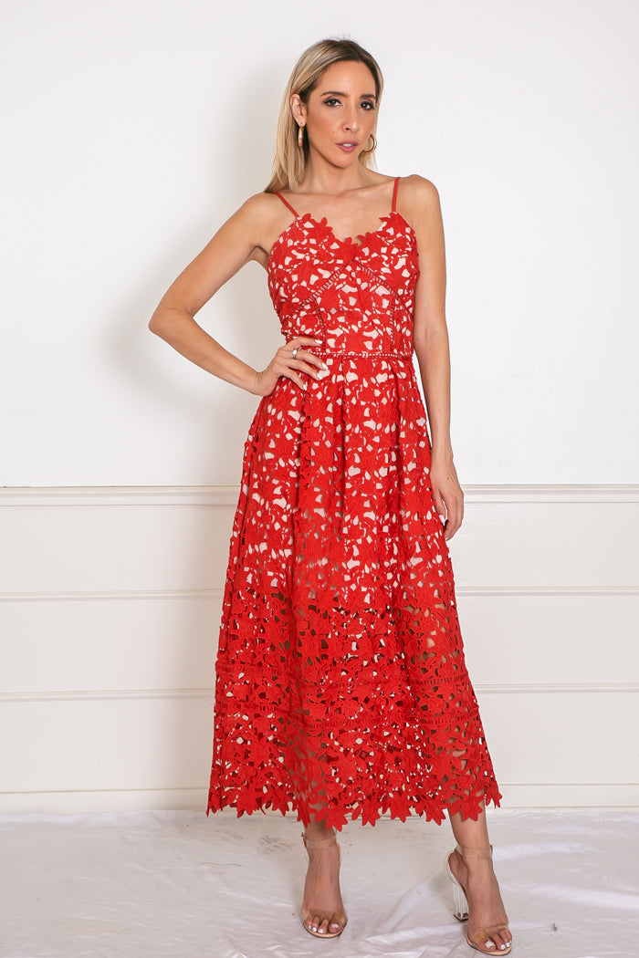 Lace Fit-and-Flare Midi Dress - Red – Haute & Rebellious