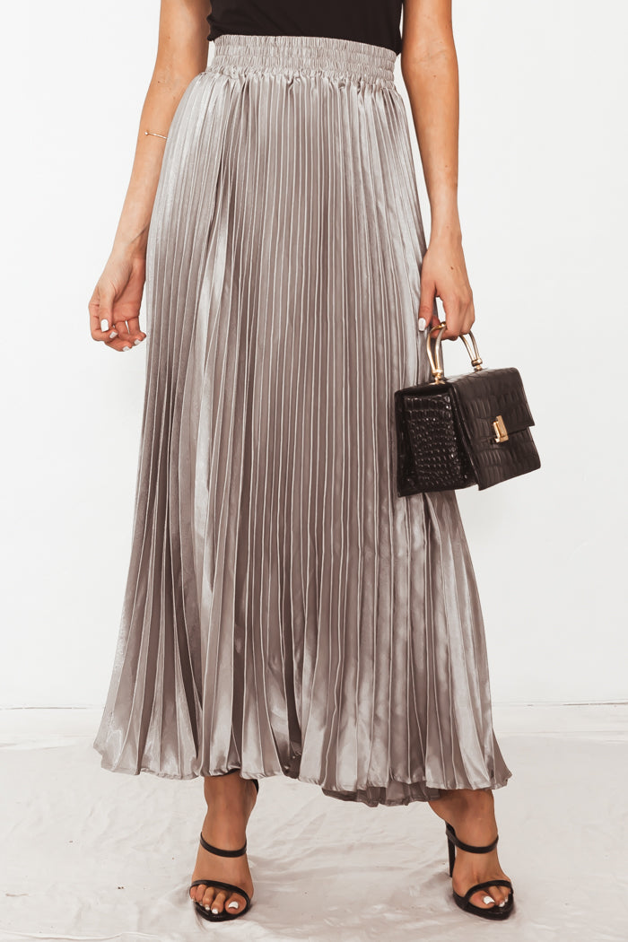 silver metallic pleated skirt