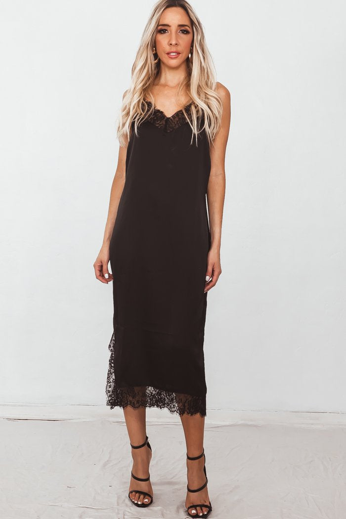 black satin slip midi dress