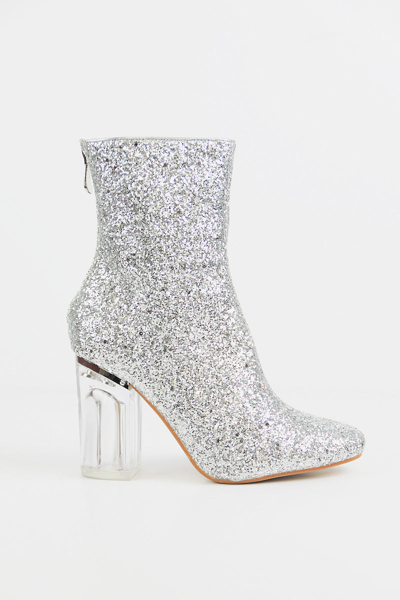 Glitter Ankle Booties with Clear Heel 
